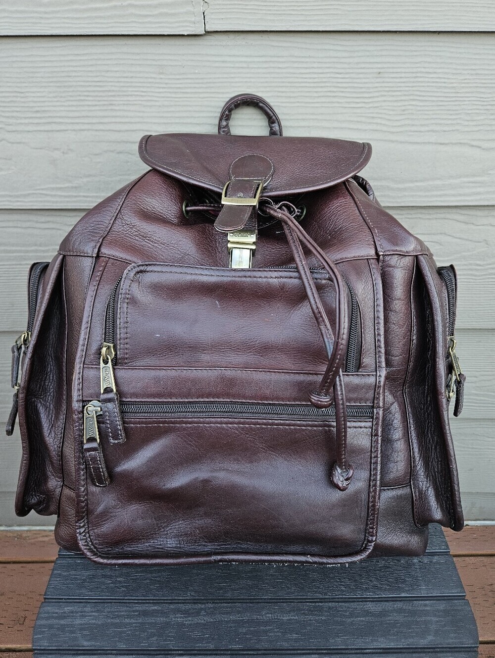 Vtg Clava Dark Brown Leather Multicompartment Backpack Rucksack Flap Drawstring